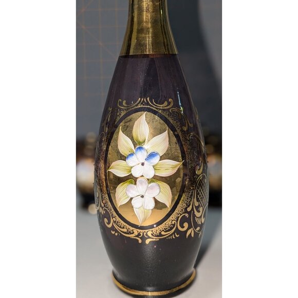 Vintage Amethyst Decanter Set 8 Hand-Painted Cups Gold Gilded Raised Floral Desi - Picture 4 of 16